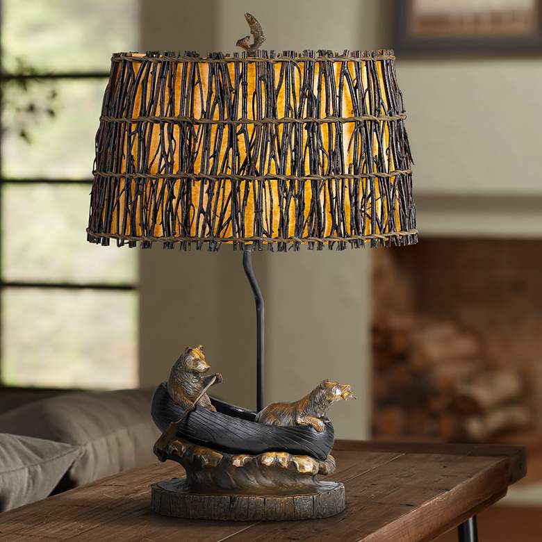 Bears in a Canoe Antique Bronze Table Lamp | Ozark Cabin Décor LLC