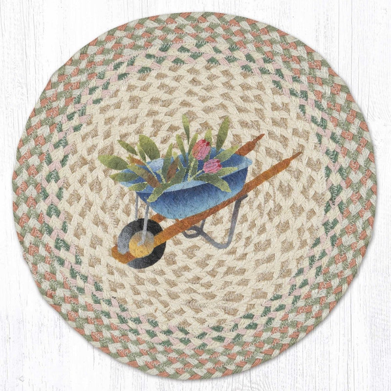 Tulips Wheelbarrow Round Jute Placemat - Ozark Cabin Décor, LLC