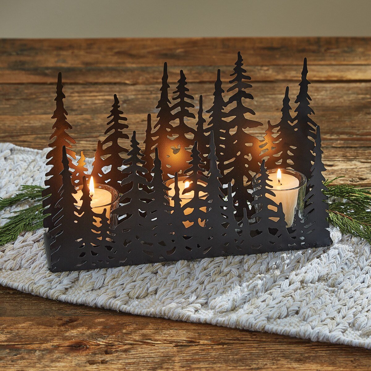 Tree Tops Centerpiece With Glass Votives - Ozark Cabin Décor, LLC