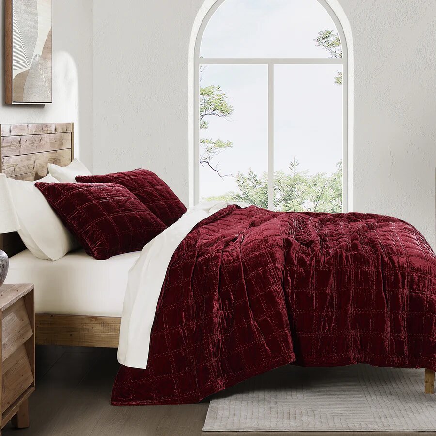 Stella Faux Silk Velvet Double Box Stitch Quilt Set - King - Ozark Cabin Décor, LLC