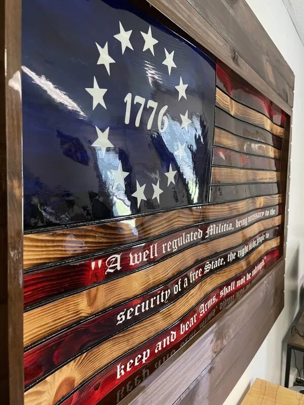 Rustic 1776 Betsy Ross 13 Star Waving Wooden Flag w/2nd Amendment - Engraved - Ozark Cabin Décor, LLC