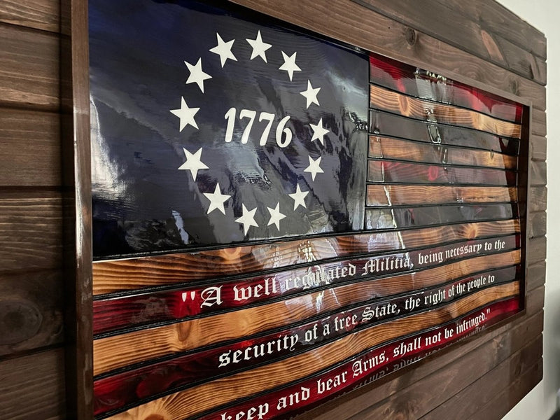 Rustic 1776 Betsy Ross 13 Star Waving Wooden Flag w/2nd Amendment - Engraved - Ozark Cabin Décor, LLC