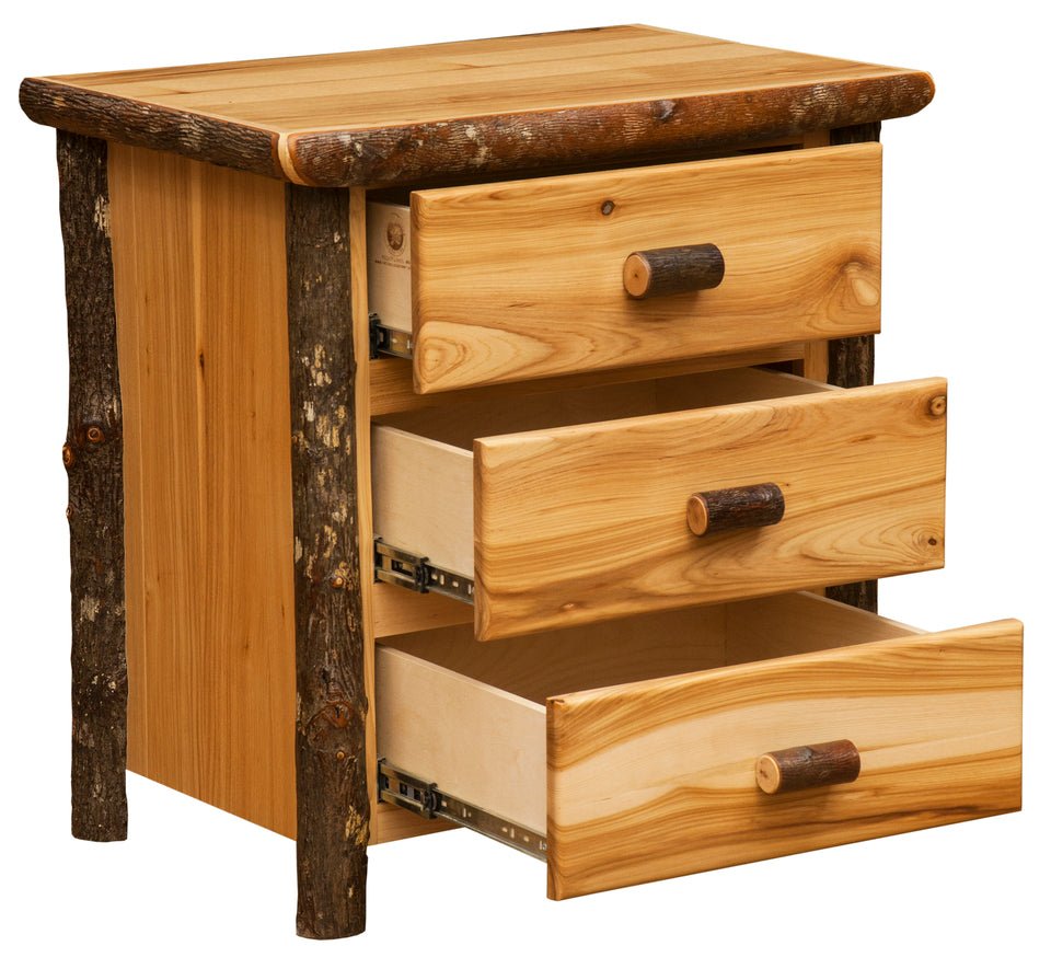 81050-T XL Natural Hickory Log Three Drawer Nightstand - Ozark Cabin Décor, LLC