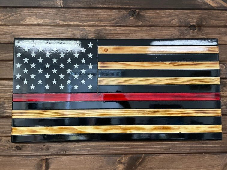 91110 Handcrafted Thin Red Line Wooden Fireman Flag - Ozark Cabin Décor, LLC