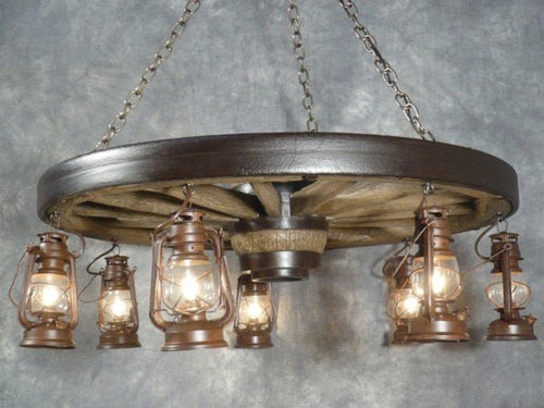 Large Wagon Wheel Chandelier with Lanterns - Ozark Cabin Décor, LLC