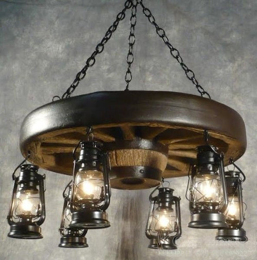 Small Wagon Wheel Chandelier with Lanterns - Ozark Cabin Décor, LLC